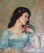 Weerts Jean Joseph Beautiful pensive portrait of a young woman with a bird and flower painting